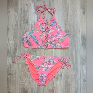 Ardene Bright Coral Floral Bikini Set – Halter Top & Tie-Side Bottoms